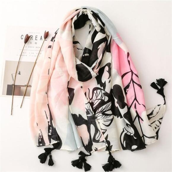 NEW Boho Floral Tasseled Rectangle Soft Chic Scarf Large Pink White Black - Picture 13 of 15